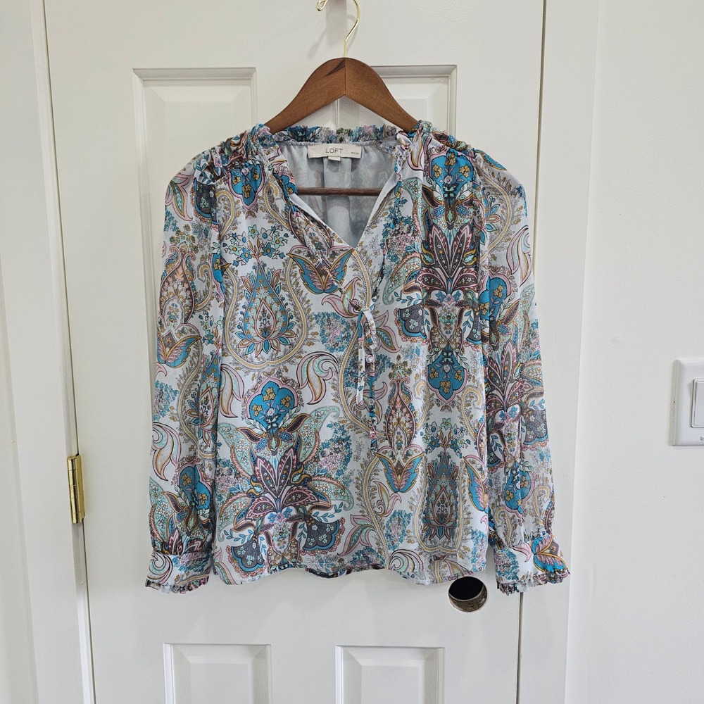 LOFT Petites Paisley Ruffle Split Neck Tie Blouse Blue Pink XXSP XXS Petite